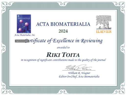 Acta Biomaterialia Reviewer Award for 2024